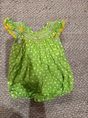 Green Polka Dot Baby Bubble Romper with Smocked Yoke